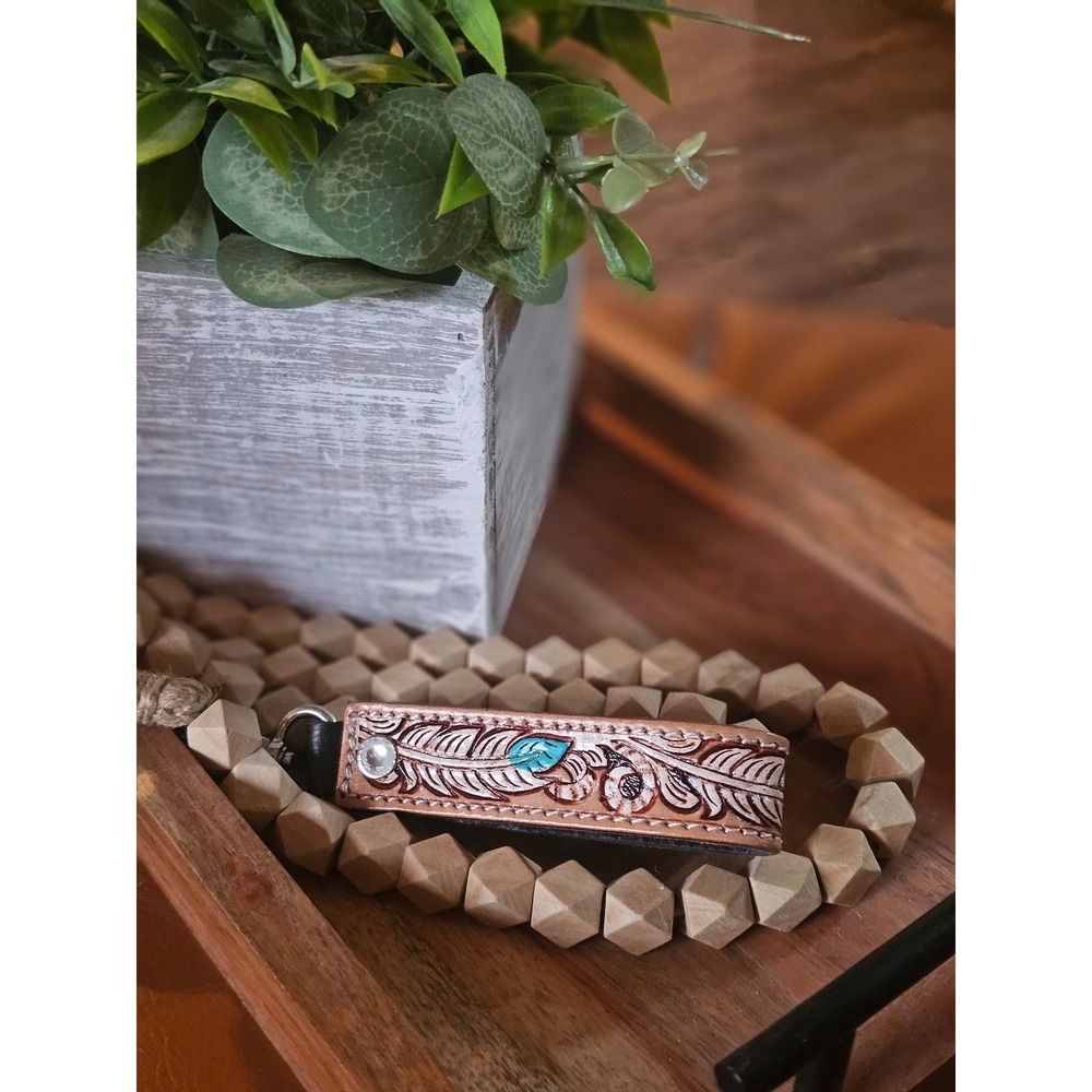 Hand Tooled Leather Feather Turquoise Keychain Charm Western Boho